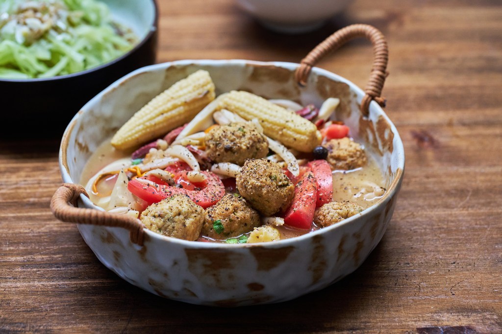 A Bowl of Umami – Tofu Meatball Soup with Tomato, Baby Corns and&nbsp;Mushrooms
